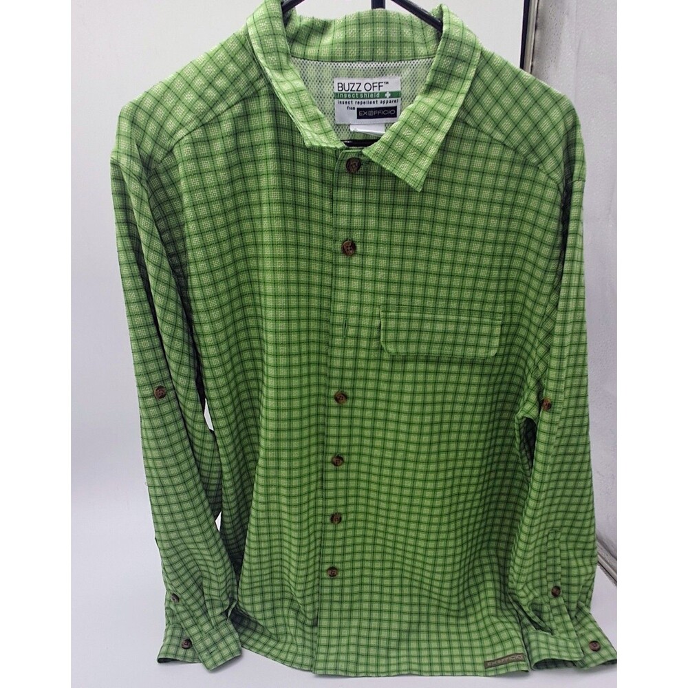 Exofficio Buzz Off Shirt Men's Med Green Plaid Insect Shield Vented Long Sleeve